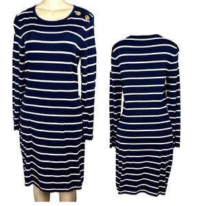 Sail to Sable M Navy White Striped Knit Dress Gold Shoulder Buttons Long Sleeve